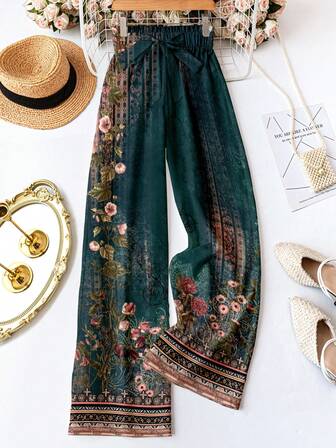 SHEIN LUNE Floral Green Pattern Vintage Waist Tie Trousers, Suitable For Women's Summer Vacation, Party, Fall, Wedding, Graduation Travel, Gift For Mom, Boho Style