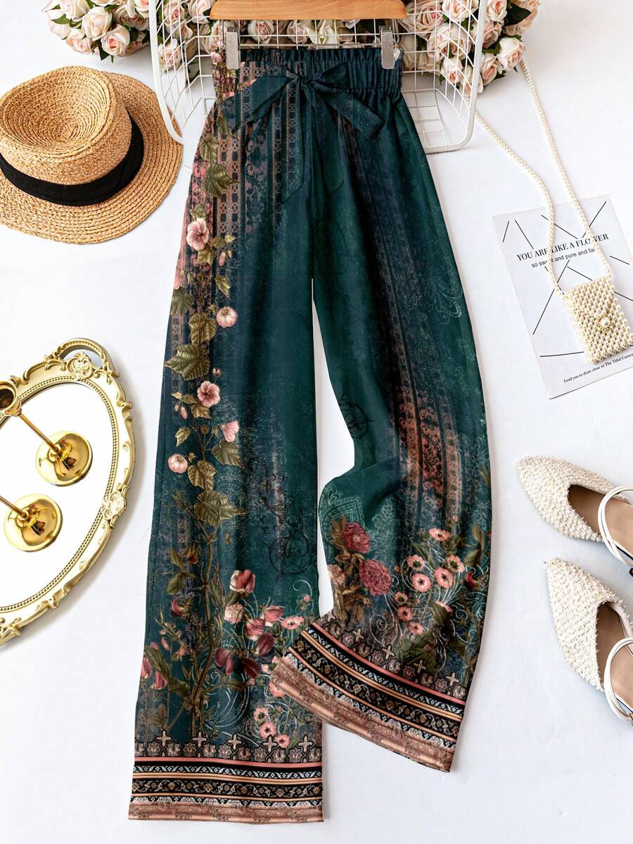 SHEIN LUNE 花卉绿色图案复古腰带长裤，适合女性夏季度假、派对、秋季、婚礼、毕业旅行、送给妈妈的礼物，波西米亚风格