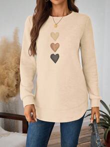 SHEIN LUNE 女士休闲复古日常通勤百搭圆领宽松长袖长开叉下摆厚款卫衣，杏色和卡其色心形印花图案，舒适秋冬 - 杏色 - 查看 4