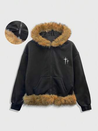 Street Life Herren Sweatshirt mit Kapuze, Reißverschluss und Fellkragen, Oversized Passform, Langarm, für Herbst/Winter Lässig