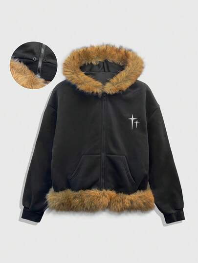 Sudadera con capucha de manga larga con hombros caídos para hombre, con cierre de cremallera y cuello de piel, casual para otoño/invierno