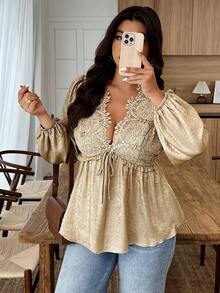 Weeklong Plus Size Women Lace & Foil Decor Tie Waist V-Neck Long Sleeve Blouse, Suitable For Daily, Party, Event - Gold - View 7