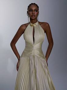 Elitara 优雅香槟色闪光雪纺褶皱不对称腰线 A 字形长裙，高开衩，可调节后带，适合约会、度假、派对、婚礼、毕业典礼、正式活动 - 香檳色 - 查看 3