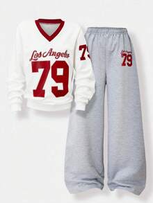 SHEIN Explorewe Girls 2pcs/Set Casual School V-Neck 79 Los Angeles Graphic Sweatshirt & Wide Leg Pants, Autumn/Winter - Multicolor - View 1