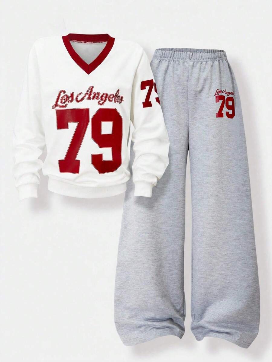 SHEIN Explorewe Girls 2pcs/Set Casual School V-Neck 79 Los Angeles Graphic Sweatshirt & Wide Leg Pants, Autumn/Winter - Multicolor - View 1