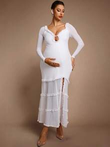 MaterniChic Maternity White Autumn Elegant Pregnant Dress, Solid Color Frill Trim Raglan Sleeve Side Slit Fitted Luxury Baby Shower Pregnancy Photoshoot Dress - White - View 3