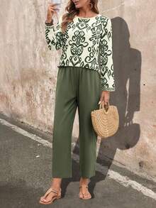 SHEIN 2 件套休闲成熟女士套装 - 圆领图案衬衫和纯色裤子 - 綠色 - 查看 7