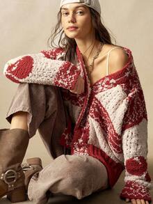 Bohemela 波西米亚风秋冬外套，女士圣诞红色休闲宽松樱桃图案落肩长袖超大款开衫，西部乡村风格音乐会度假装扮，适合度假、日常穿着、返校和外出，圣诞节 - 彩色 - 查看 3