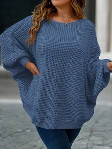 SHEIN LUNE Plus Size Women's Solid Color Round Neck Batwing Long Sleeve Loose Casual Sweater, Autumn/Winter - Dusty Blue - View 3