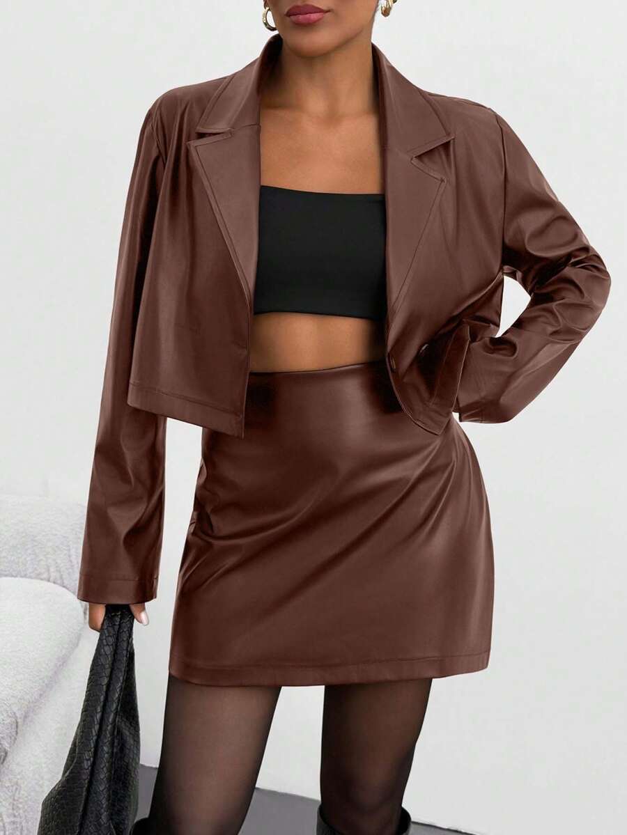 EURMUSE 2 Pcs, Solid Pu Leather Jacket & Skirt For Autumn - Brown - View 1