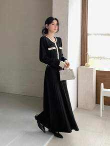 DAZY 女式拼色圆领长袖针织毛衣裙，秋冬