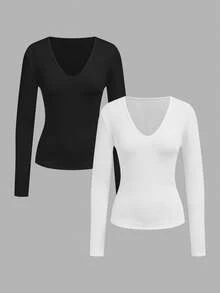 SHEIN EZwear 2 件女式深 V 领罗纹修身长袖 T 恤套装，休闲基本款套头衫，适合秋冬季，时尚，返校季，街头风格 - 彩色 - 查看 9