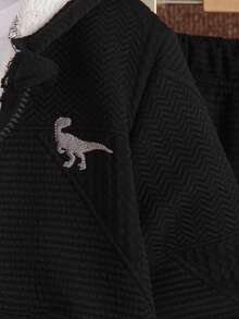 SHEIN 男童恐龍刺繡帽裝束拉鍊連帽毛絨衣和褲套裝 - 黑色 - 查看 6