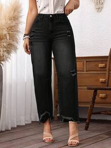 EMERY ROSE Spring Plus Size Women Cowgirl Inelastic Distressed Frayed Hem Loose Cropped Jeans, Rodeo - Black - View 5