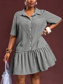 Slaydiva 大码休闲宽松前开襟荷叶边短袖连衣裙 - 黑與白 - 查看 6