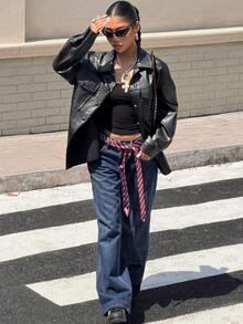 Muchica 女士春季时尚仿皮短袖夹克翻盖口袋落肩纽扣衬衫长袖衬衫秋冬 - 黑色 - 查看 5