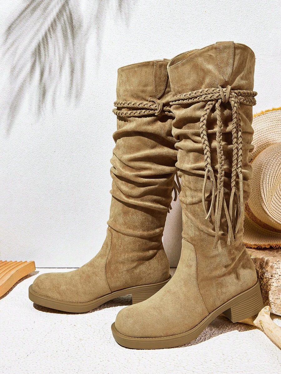 Styleloop 女式复古方头粗跟编织小腿靴,卡其色皱筒及膝靴,西部牛仔靴,靴子,高筒靴 - 卡其色 - 查看 1