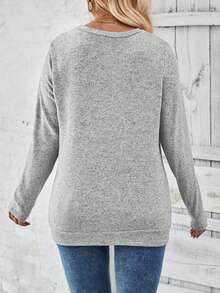 EMERY ROSE 大码秋冬休闲时尚长袖圆领褶边纽扣T恤 - 淺灰色 - 查看 2