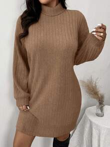 SHEIN Frenchy Vestido de cuello alto acanalado con textura suave, de estilo minimalista y casual, talla grande, adecuado para el tiempo libre y el hogar, otoño/invierno - Caqui - Ver 5