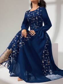 Modelyn 女式网眼刺绣拼布雪纺长袖喇叭连衣裙 - 寶藍色 - 查看 2