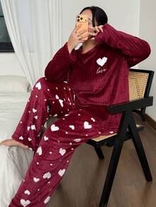 SHEIN بيجامة نسائية مريحة من الفلانيل بنمط قلب، ملابس علوية بأكمام طويلة وبنطال، ملابس شتوية - الأحمر - مشاهدة 2