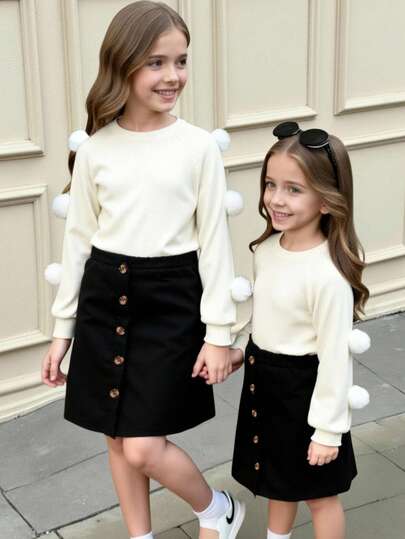 Elladie kids 两件套少女春秋季针织提花面料圆领插肩袖长袖毛球装饰简约T恤搭配灯芯绒A字裙套装，休闲优雅