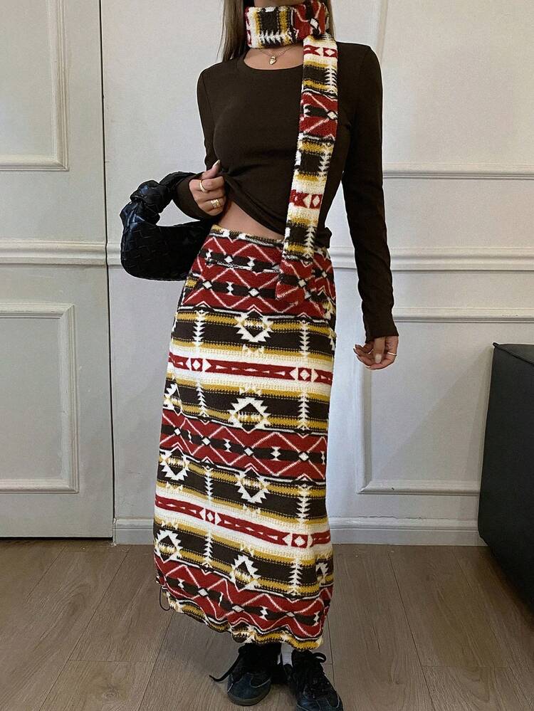 2pcs/Set Women Thickened Solid Color Long Sleeve T-Shirt & Maxi Skirt Casual Vacation Outfit, Autumn/Winter