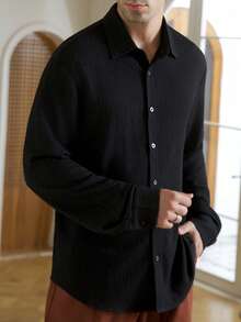 Manfinity Bizformal Men's Solid Color Long Sleeve Casual Button-Front Versatile Dress Shirt Men Textured Black Shirt Men Elegant Shirt Men Black Shirt Men Business Casual Shirt Black Formal Men Shirt Halloween Winter Black Vintage Boys Old Money Festival Wedding Guest Men's Prom - Black - View 1