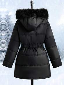 SHEIN Tween Girl Casual Fashionable Quilted Fabric Padded Coat With Drawstring Waist, Hooded Design And Furry Collar, Loose And Comfortable, Suitable For Autumn/Winter Daily, Commuting, Outdoor, Party And Photo Shooting - Black - View 2