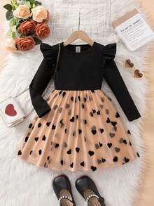 年轻女孩优雅可爱的黑色拼布串珠长袖连衣裙 - 黑色 - 查看 2