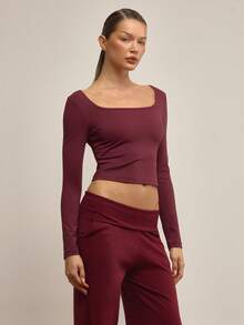 MUSERA Slinky Square Neck Fitted Long Sleeve Top Elegant Autumn Fall Winter Night Out Work Cute Gallerie Spring Summer - Burgundy - View 3