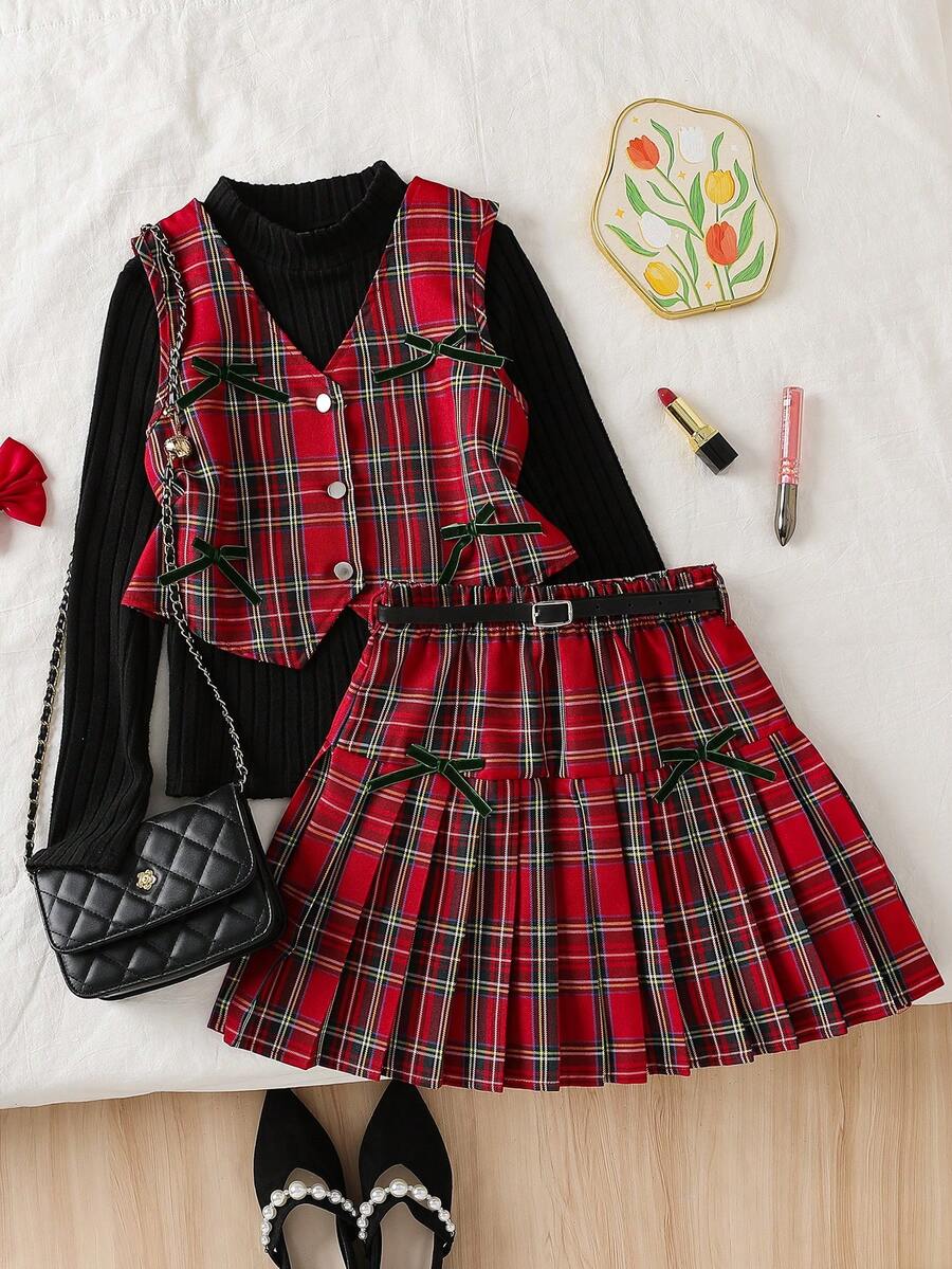 SHEIN Bộ 3 áo vest không tay cài nút, áo thun cổ lọ tay dài có gân và chân váy xếp ly kèm thắt lưng cho bé gái - Đỏ - Xem 1