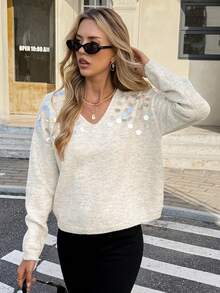 Serisse Jersey holgado de punto con cuello en V, manga larga y hombros caídos, en unicolor, con decoración de lentejuelas para mujer - Albaricoque - Ver 3