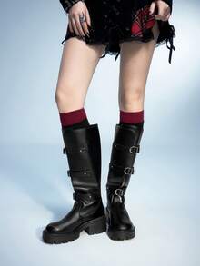 Sugerpunk 女士休闲厚底粗跟中筒靴，百搭 - 黑色 - 查看 5