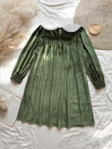 Vintaside Kids 女童春秋蕾丝翻领长袖时尚连衣裙，适合学校聚会、派对、生日等场合 - 墨綠色 - 查看 2