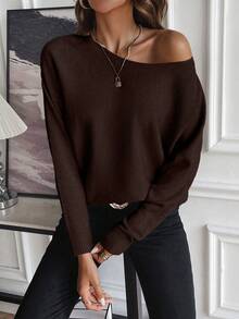 SHEIN LUNE Sweater Longgar Lengan Panjang Leher Bulat Model Batwing Warna Polos Kasual untuk Wanita, Musim Gugur/Dingin - Coklat - View 3