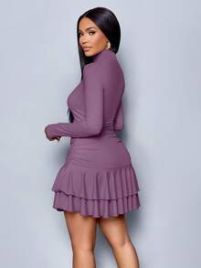SOLERSUN 女士冬季服装 女士连衣裙 优雅优雅派对日间杏色针织高领长袖褶皱双褶迷你连衣裙 - 紫色 - 查看 2