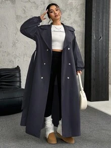 SHEIN EZwear 大码女式纯色翻领灯笼袖双排扣长款休闲风衣夹克，秋季 - 灰色 - 查看 1