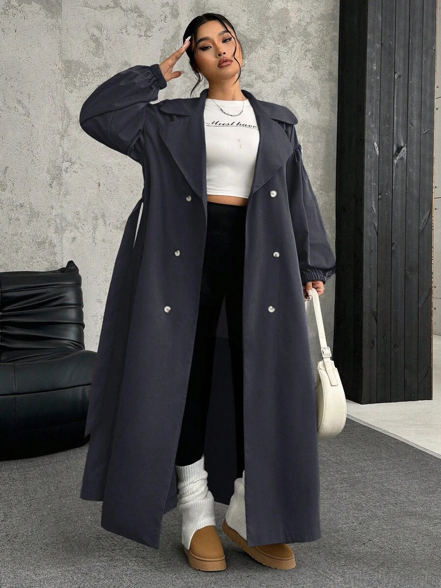 SHEIN EZwear 大码女式纯色翻领灯笼袖双排扣长款休闲风衣夹克,秋季 - 灰色 - 查看 1
