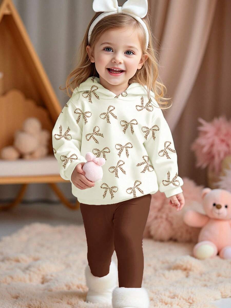 柔和的奶油黄色和卡其色，可爱的迷你豹纹蝴蝶结图案，女婴休闲厚柔软连帽衫和紧身裤套装，适合秋冬季 - 彩色 - 查看 1