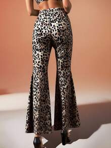 SHEIN Raffinéa Leopard Velvet Pattern Slim Fit Flare Pants, Suitable For Autumn/Winter Party & Outings Leopard Print Pants Animal Print Clothes Cheetah Print Pants Bell Bottom Pants - Brown - View 2