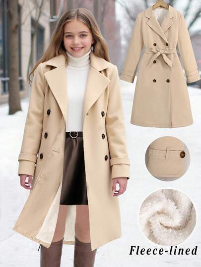 SHEIN Serisse Kids Chaqueta larga de niña preadolescente de estilo militar casual, con solapa de doble botonadura, forro térmico grueso, estilo casual de uso diario