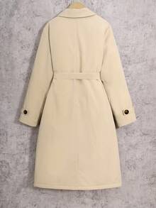 SHEIN Serisse Kids 青少年女孩编织休闲通勤外套双排扣翻领宽松保暖内衬厚长款风衣，休闲军事风格，女孩长款夹克 - 卡其色 - 查看 9