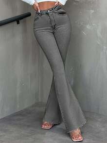 SHEIN Tall Women's High Waist Pocket Frayed Hem Casual Versatile Flare Jeans - Light Grey - View 6