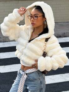 Muchica Women's Fashionable Solid Color Fluffy Hooded Cropped Jacket For Autumn/Winter - White - View 1