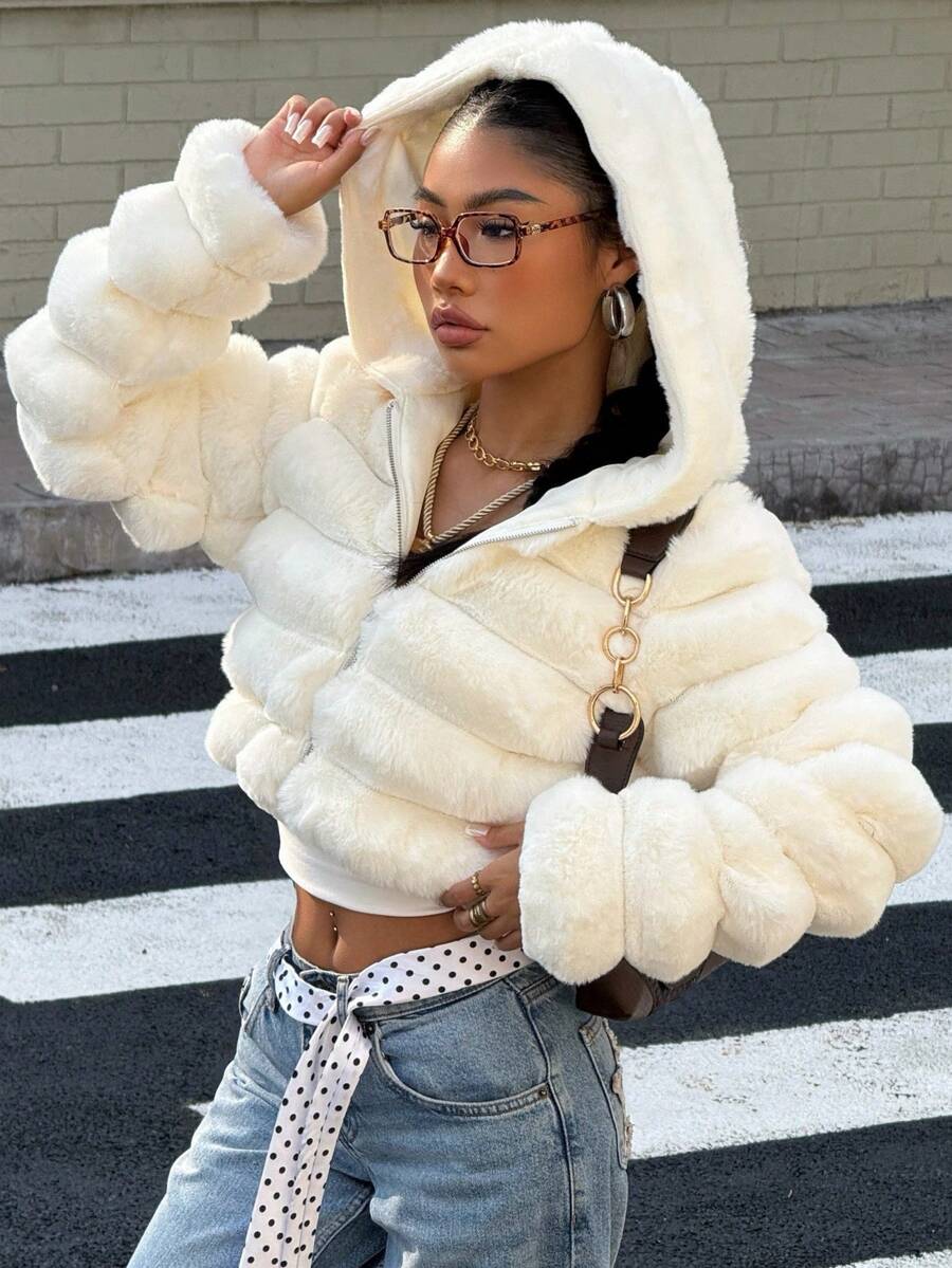 Muchica Women's Fashionable Solid Color Fluffy Hooded Cropped Jacket For Autumn/Winter - White - View 1