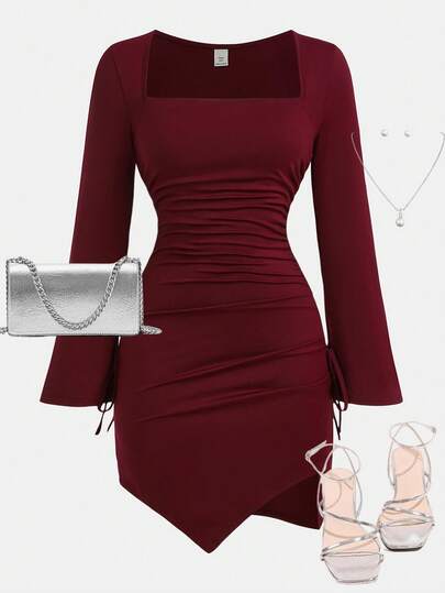 SHEIN Girlism Teen Girls Solid Color Square Neck Split Crossed Wrap Long Sleeve Y2K Dress For New Year Clothes Dark Red Dress Cherry Outfit Women Burgundy Dress Dress With Sleeves Maroon Outfits For Girls