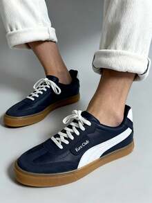 Tenis para hombre transpirable cuero sintético punta redonda con cordones suela antideslizante estilo deportivo cancha tenis - Azul Marino - Ver 2