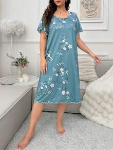 Plus Size Flower Printed Short Sleeve Sleep Dress Pajama Dress, Moo Moo