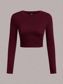 SHEIN EZwear 3 件套休闲简约圆领长袖短款修身女式 T 恤，秋冬 - 彩色 - 查看 5
